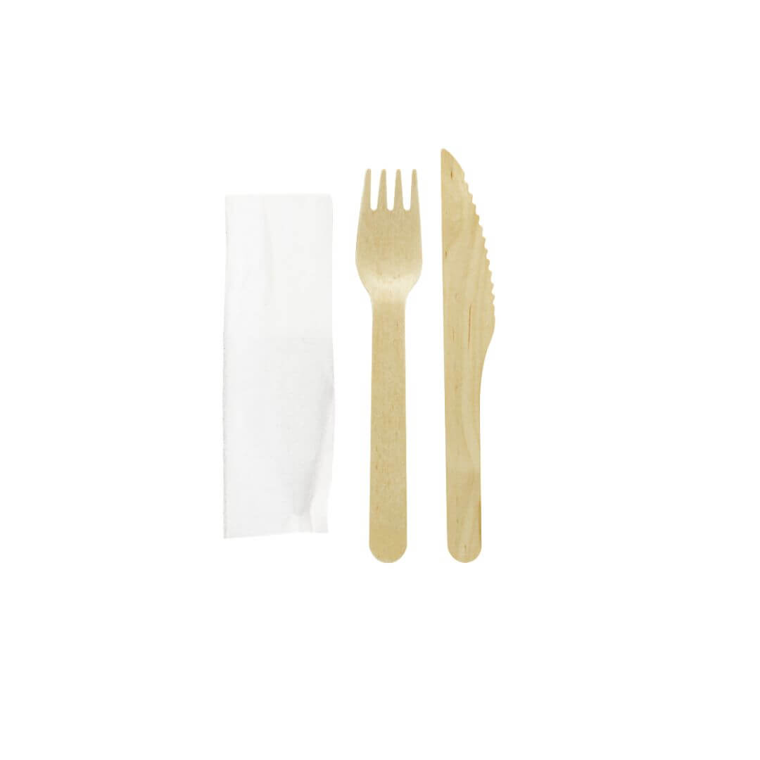 Set tacamuri furculita si cutit lemn cu servetel alb, 100 buc/set